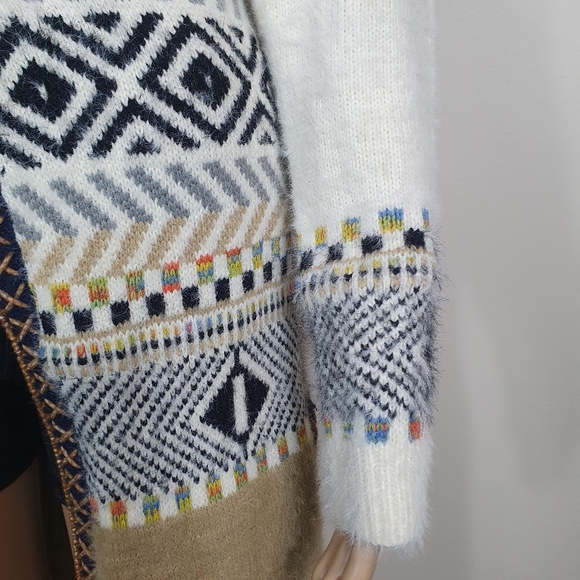 NWOT  longline Cardigan stripe knit  white brown size 6/8 . w" hoodie wool blend - Picture 7 of 9